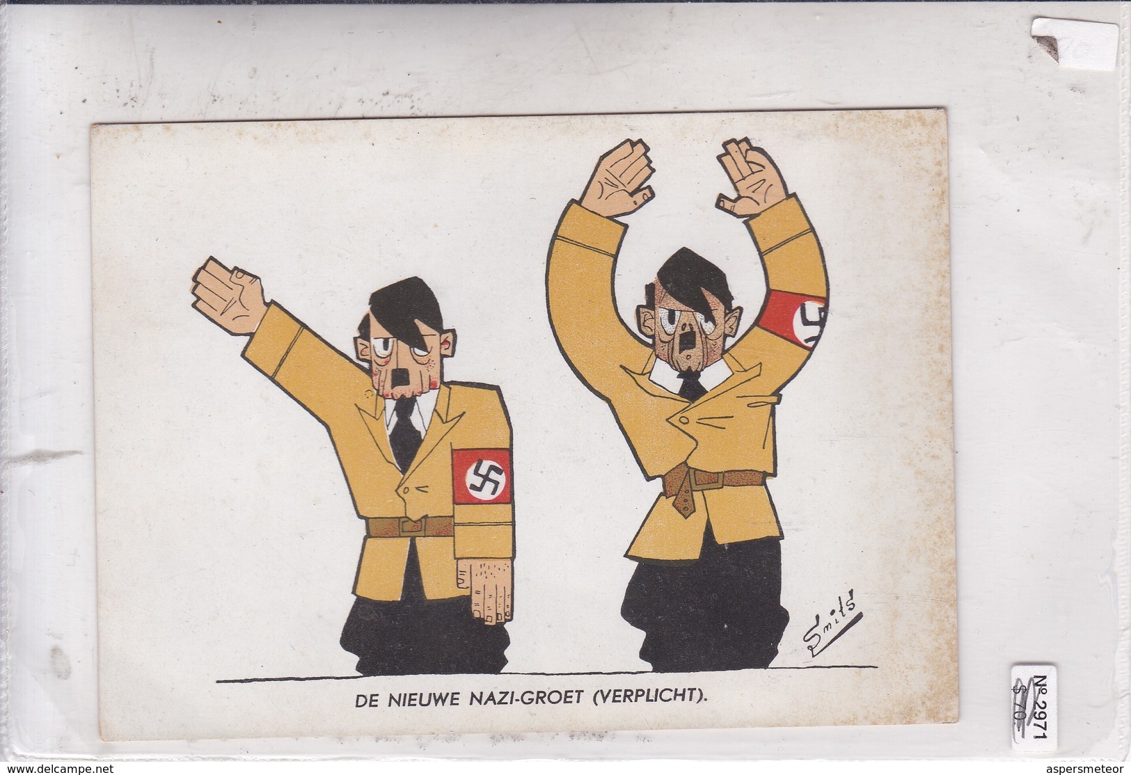 DE NIEUWE NAZI GROET (VERPLICHT). THE NEW NAY SALUTE (OBLIGED). EINDHOVENSCH DAGBLAD. CIRCA 1950's- BLEUP - Humor