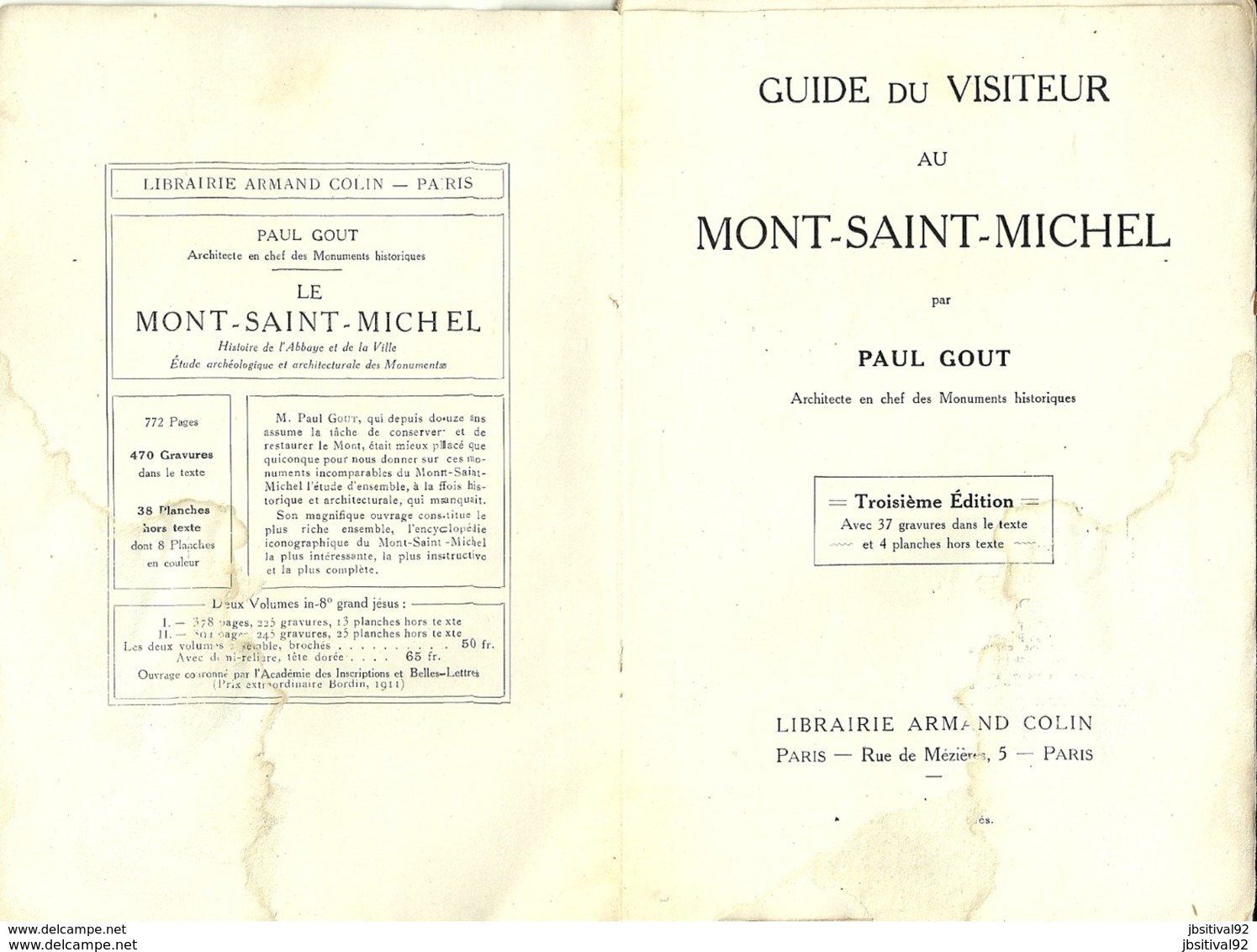 Guide Du Visiteur MONT ST SAINT MICHEL Mr PAUL GOUT Architecte En Chef Des Monuments Historiques Librairie  ARMAND COLIN - 1901-1940