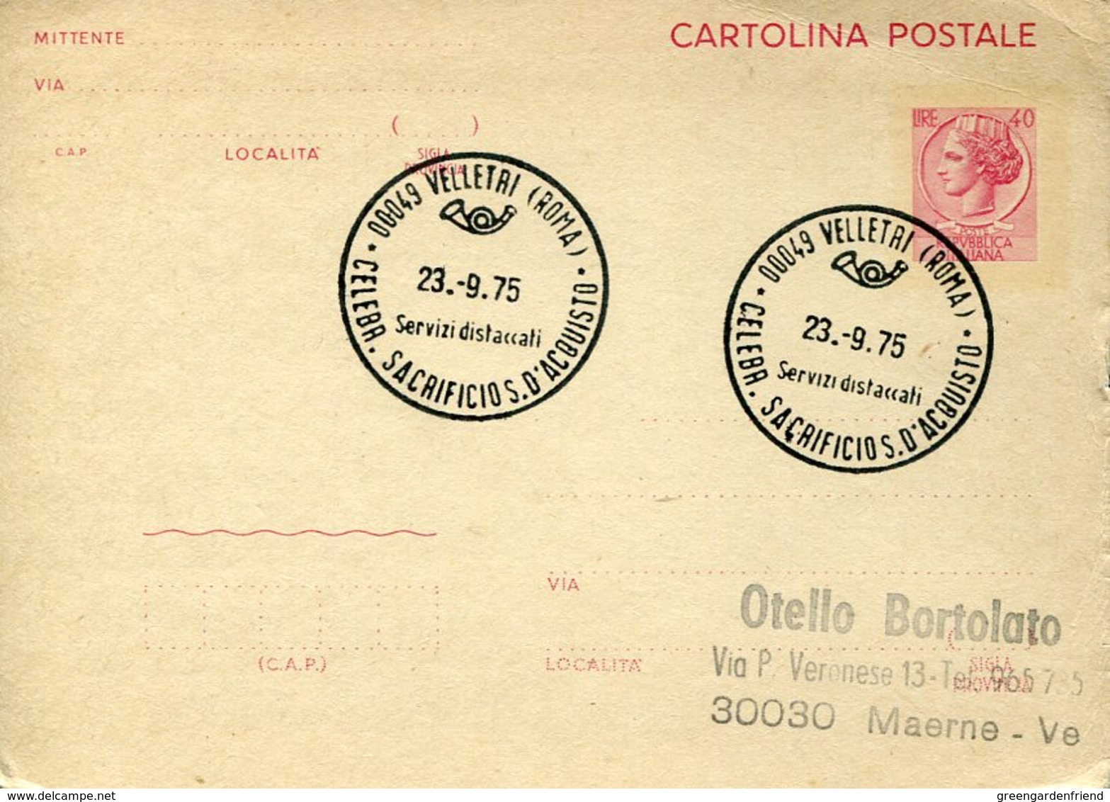 39049 Italia, Special Postmark 1975 Velletri,  Celebraz. Sacrificio Salvo D'acquisto - Non Classificati