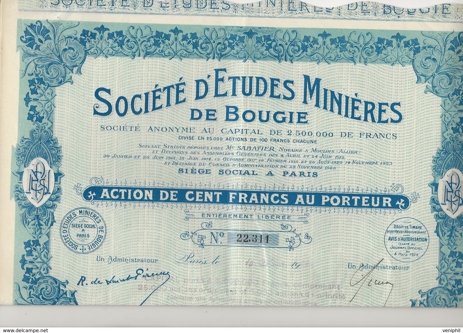 SOCIETE D'ETUDES MINIERES DE BOUGIE -ALGERIE - ACTION DE 100 FRS -ANNEE 1924 - Mines