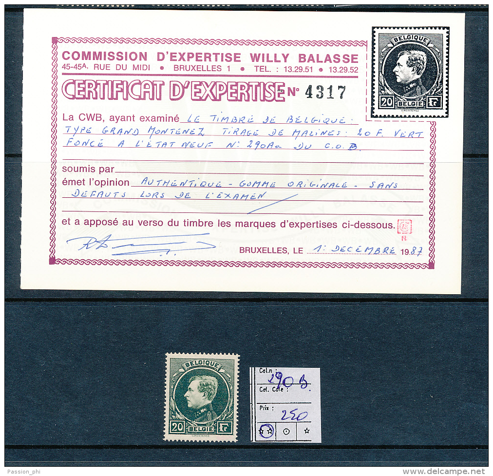 BELGIUM COB 290B (ex 290Aa) DARK GREEN MNH - 1929-1941 Grand Montenez