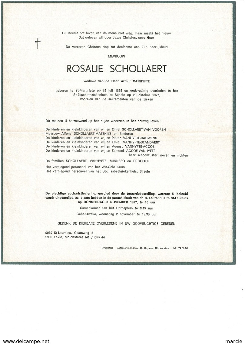 Rosalie SCHOLLAERT 1875 1977 Wd/v Arthur VANHYFTE Sint-Margriete  Sint-Laureins - Avvisi Di Necrologio