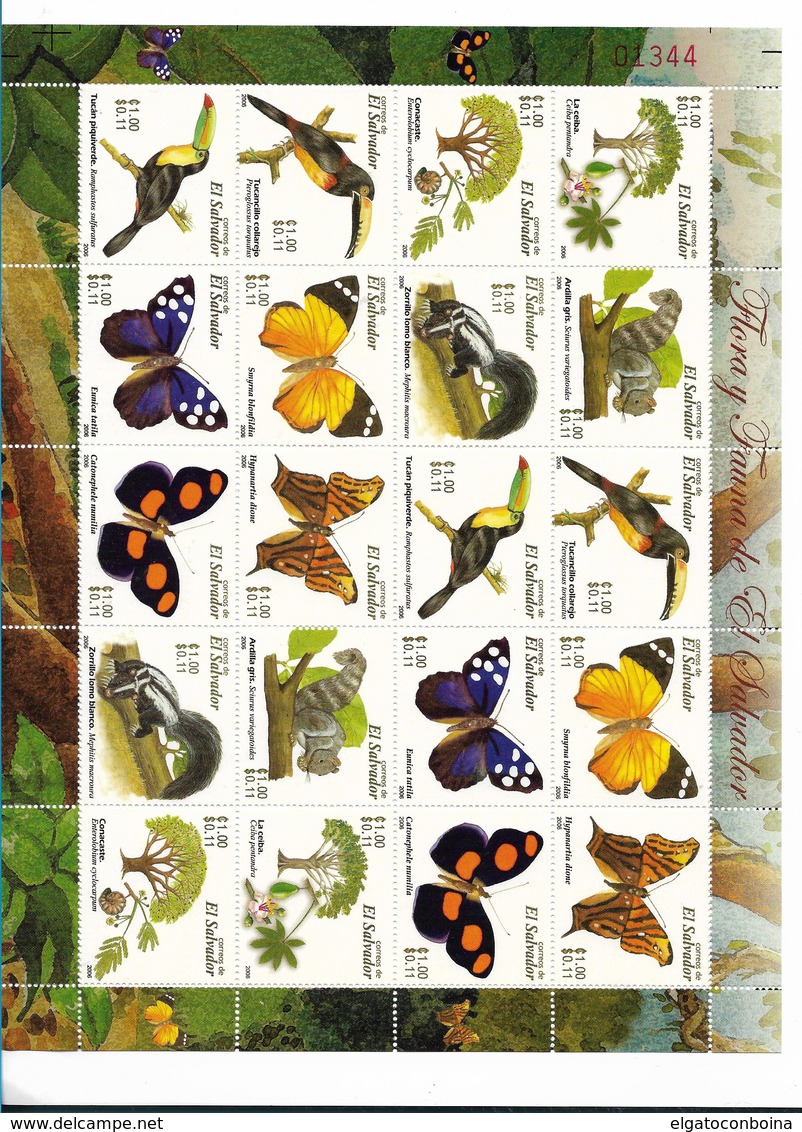 EL SALVADOR 2002, BUTTERFLIES, BIRDS, TREES, NATURE, FULL SHEET 20 VALUES SCOTT 1644 MINT NH - El Salvador