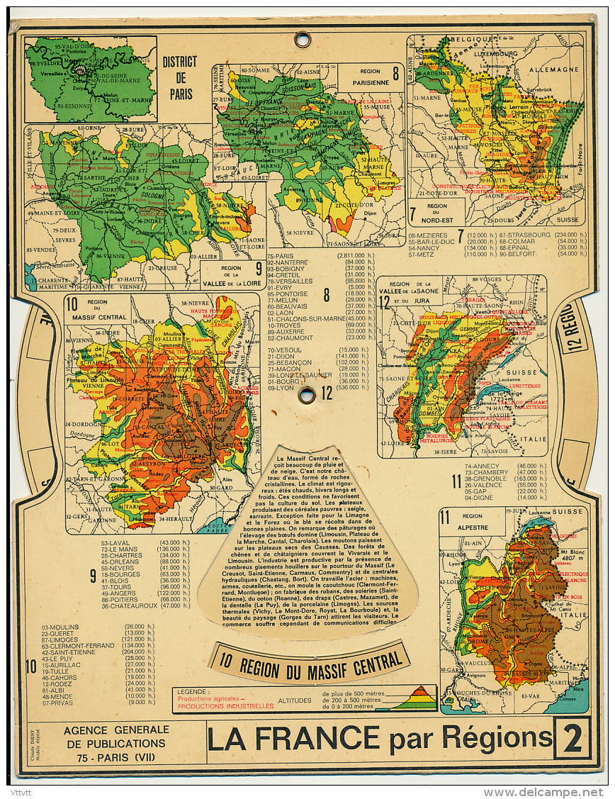 Ancienne Carte Des Régions De France à Systéme, Recto-verso Avec Molettes, 12 Régions, Agence Générale De Publications - Cartes Géographiques