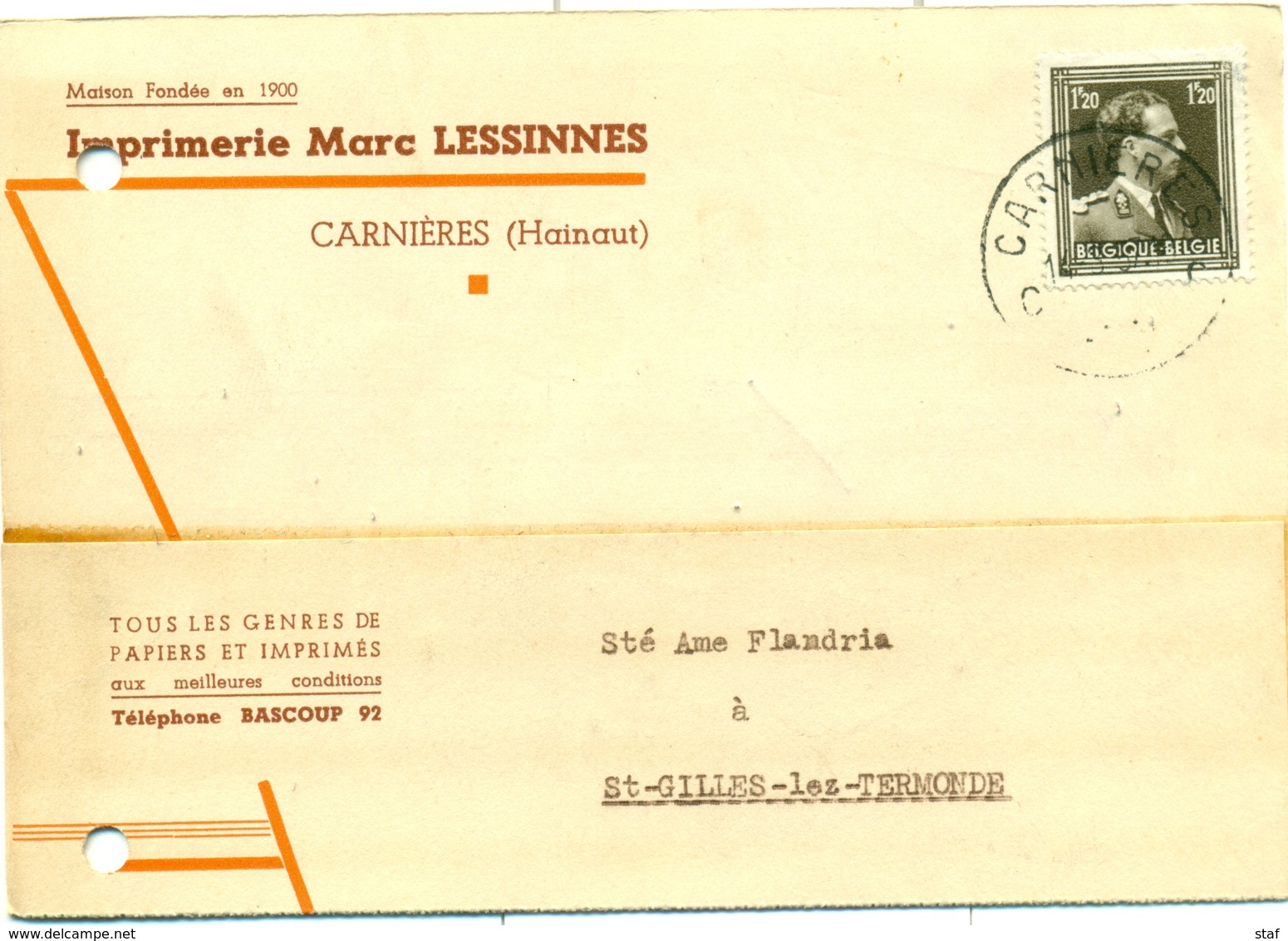 Imprimerie Marc Lessinnes à Carnières (Hainaut) - Tous Les Genres De Papiers Et Imprimés - 1957 - Imprimerie & Papeterie