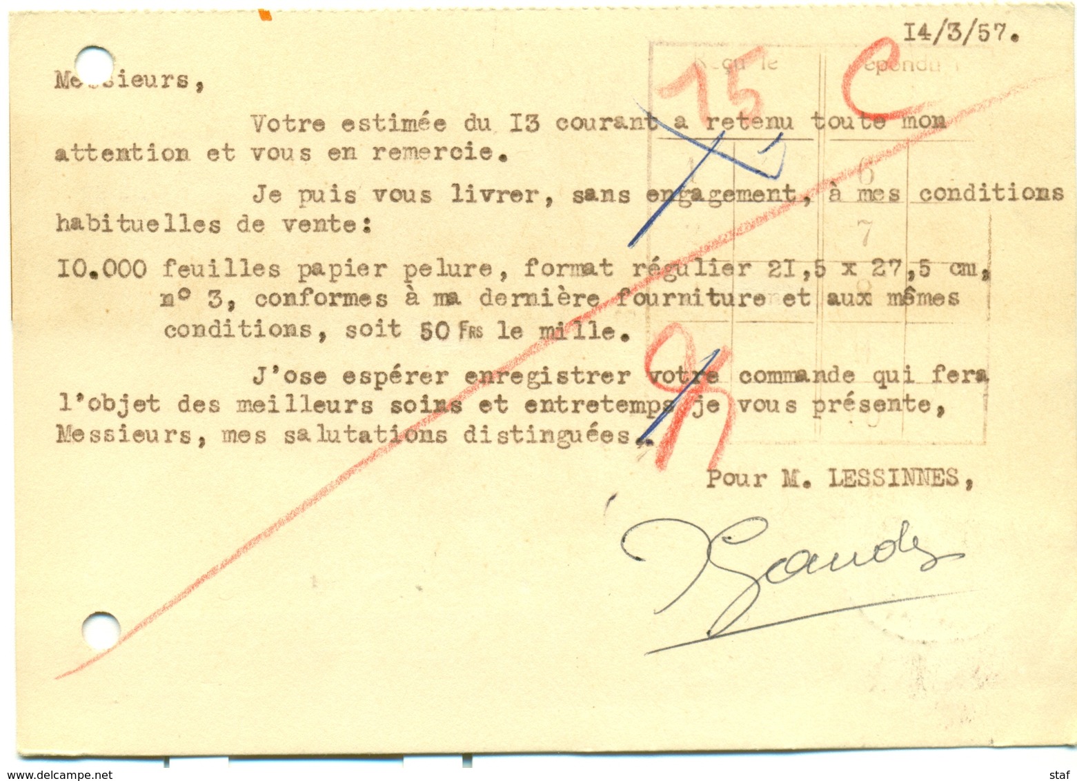Imprimerie Marc Lessinnes à Carnières (Hainaut) - Tous Les Genres De Papiers Et Imprimés - 1957 - Imprenta & Papelería