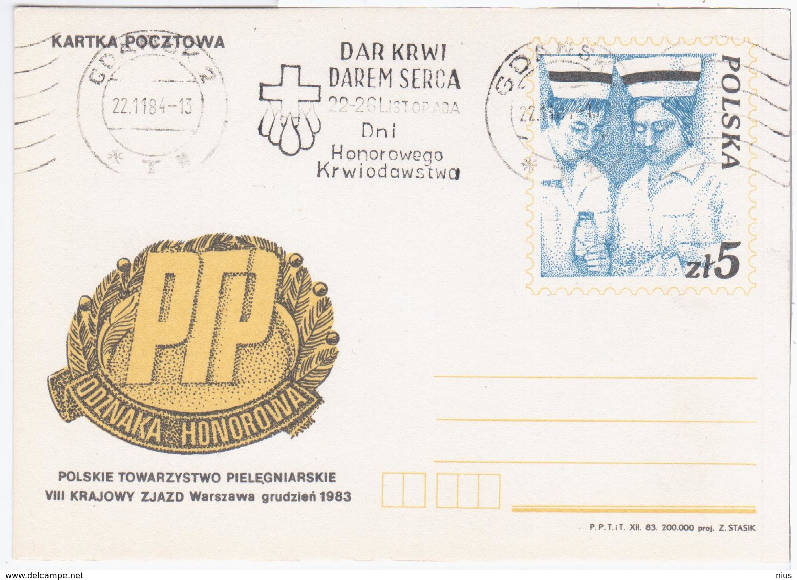 Poland Polska 1983 Warszawa, Polish Nursing Company, Canceled In Gdansk 1984 - Stamped Stationery