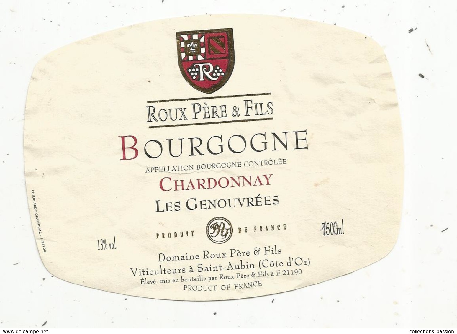 étiquette De Vin , Bourgogne , CHARDONNAY ,LES GENOUVREES ,Roux , SAINT AUBIN ,cote D'or - Bourgogne