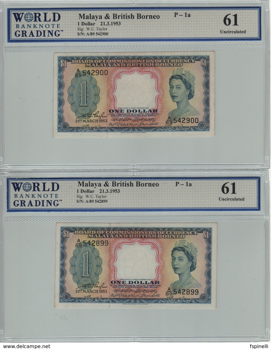 MALAYA & BRITISH BORNEO  Scarce 2 X $1 Consecutive P1a   Dated 21.3.1953  Uncirculated   ( Slabbed 61) - Malasia