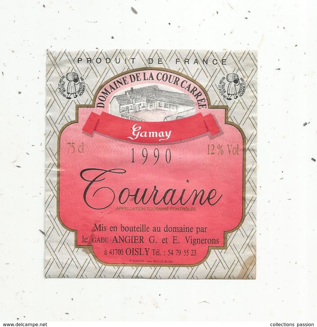 étiquette De Vin , DOMAINE DE LA COUR CARREE ,gamay ,1990 ,TOURAINE ,Angier,41 ,OISLY - Other & Unclassified