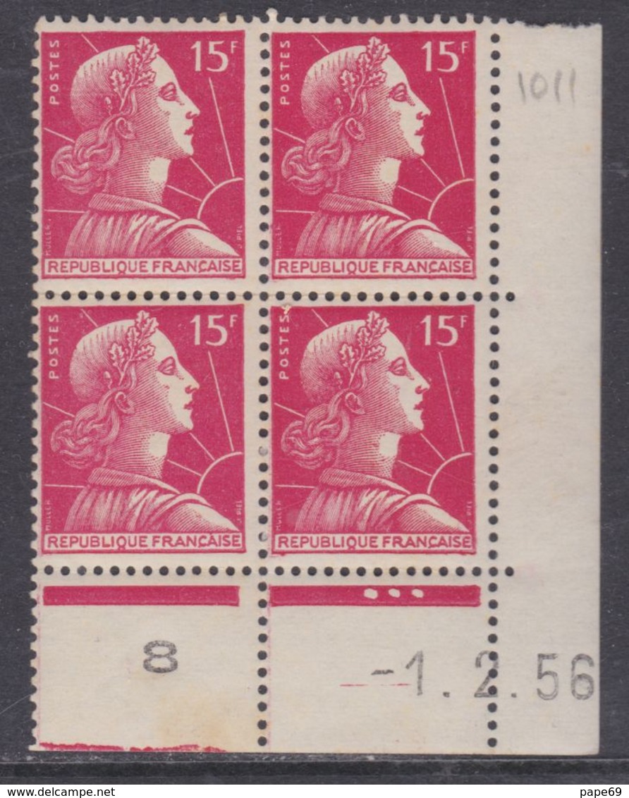 France N° 1011 XX Marianne De Muller : 15 F. Rose Carminé En Bloc De 4 Coin Daté Du 1 . 2 . 56  3 Pts Blancs  Ss Ch TB - 1950-1959