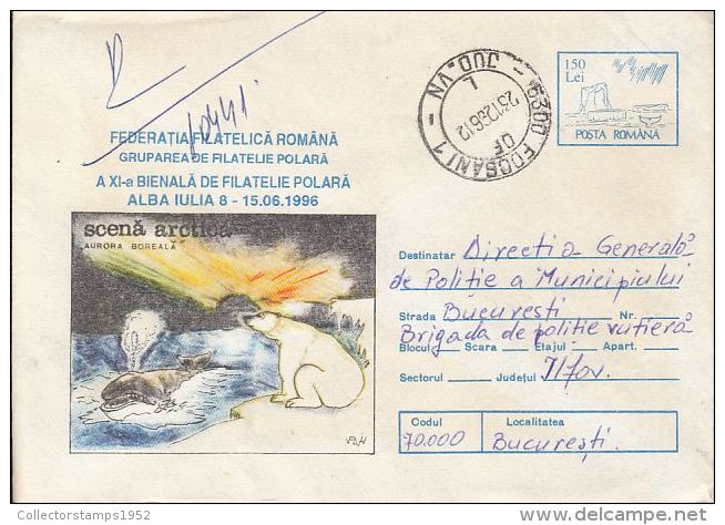 73422- WHALE, POLAR BEAR, NORTHERN LIGHTS, ARCTIC WILDLIFE, REGISTERED COVER STATIONERY, 1996, ROMANIA - Faune Arctique