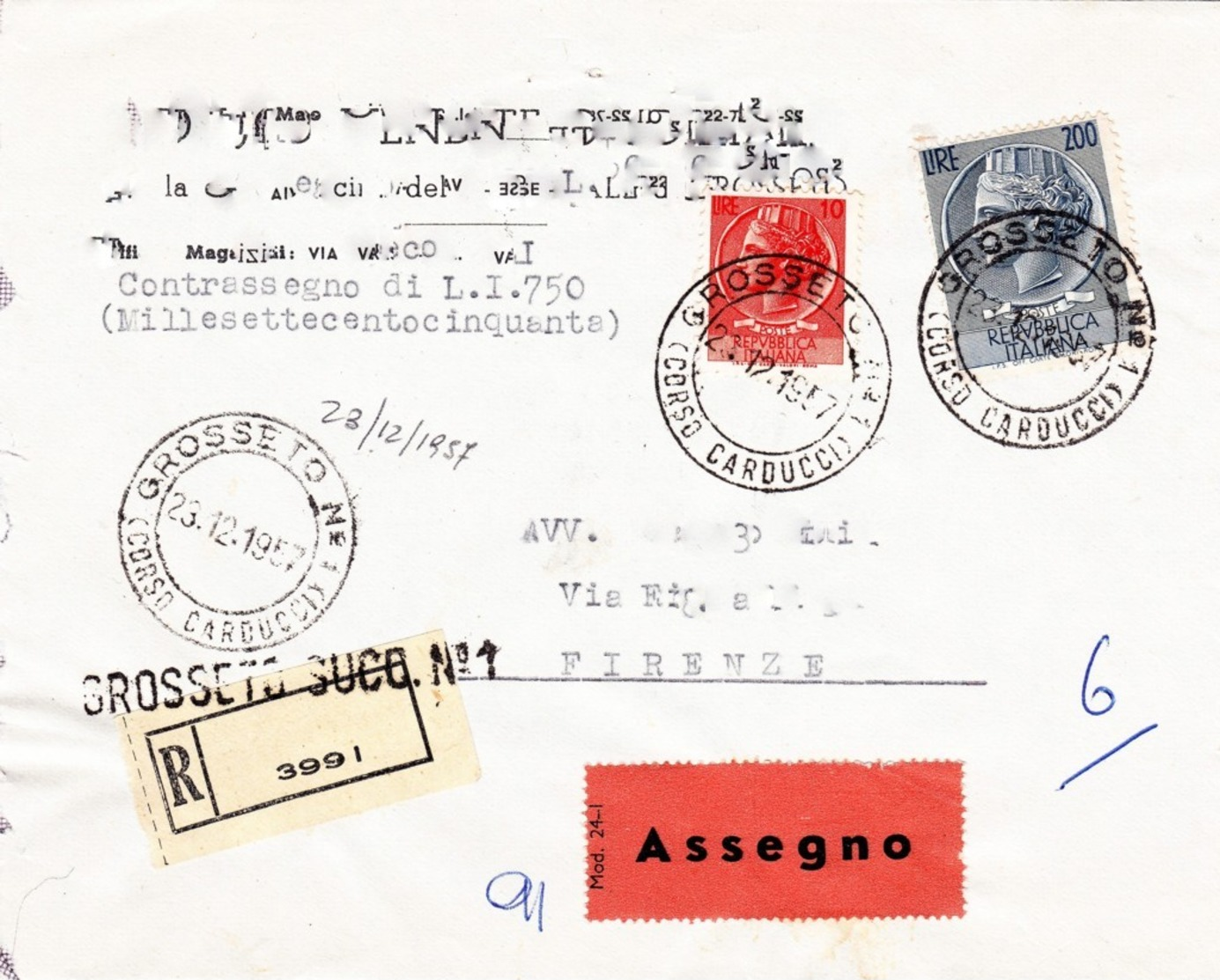 23/12/1957 BUSTA   RACCOMANDATA  MITTENTE  E  DESTINATARIO  OSCURATI  MA  PRESENTI SU ORIGINALE - 1946-60: Storia Postale