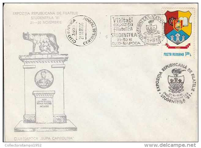 73465- CLUJ NAPOCA PHILATELIC EXHIBITION, THE SHE WOLF STATUE, SPECIAL COVER, 1981, ROMANIA - Covers & Documents