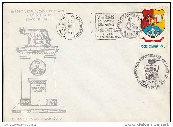 73465- CLUJ NAPOCA PHILATELIC EXHIBITION, THE SHE WOLF STATUE, SPECIAL COVER, 1981, ROMANIA - Cartas & Documentos