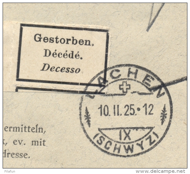 Schweiz - 1925 - PP-cover From Luzern To Lachen, RETOUR While Gestorben / Décédé / Decesso - Frankeermachinen