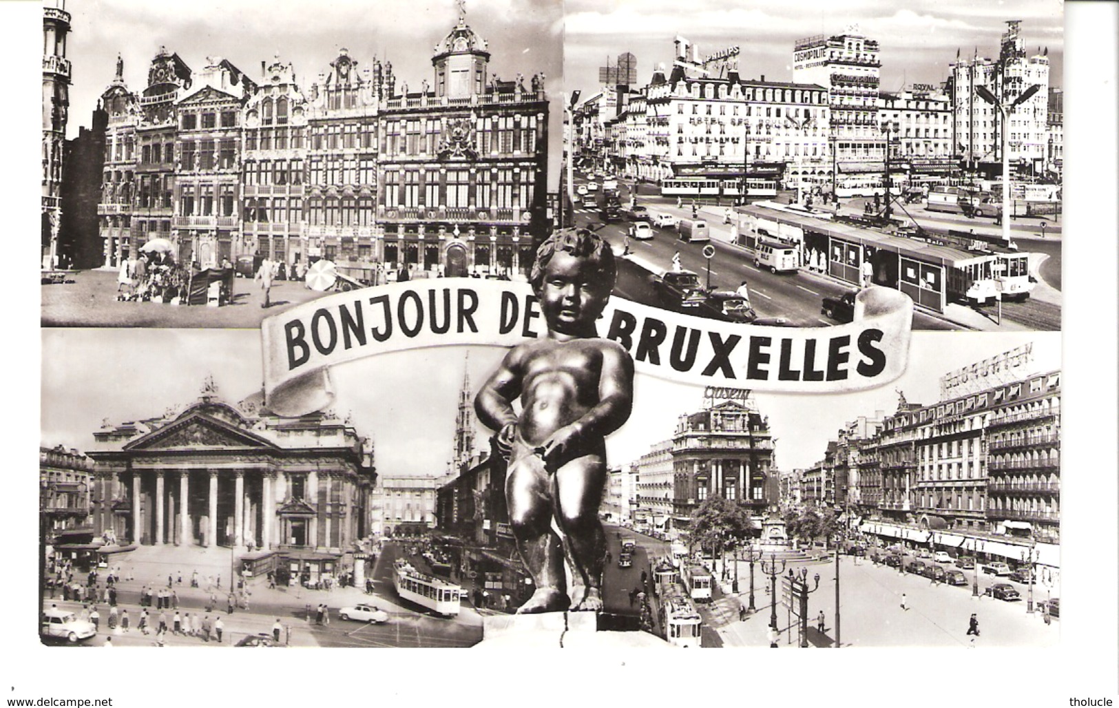 Bonjour De Bruxelles-+/-1950-Multivues-Manneken-Pis-Grand'Place-Bourse-Place De Brouckère...Tram-Tramway-Edit. Fotoprim - Places, Squares