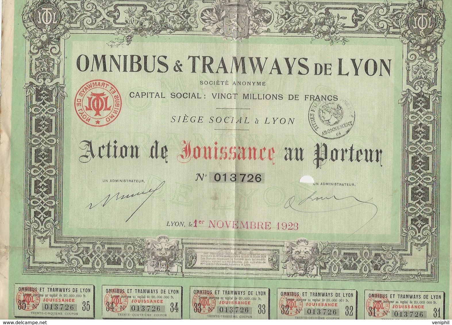 OMNIBUS ET TRAMWAYS DE LYON -ACTION DE JOUISSANCE  -ANNEE 1923 - Ferrocarril & Tranvías