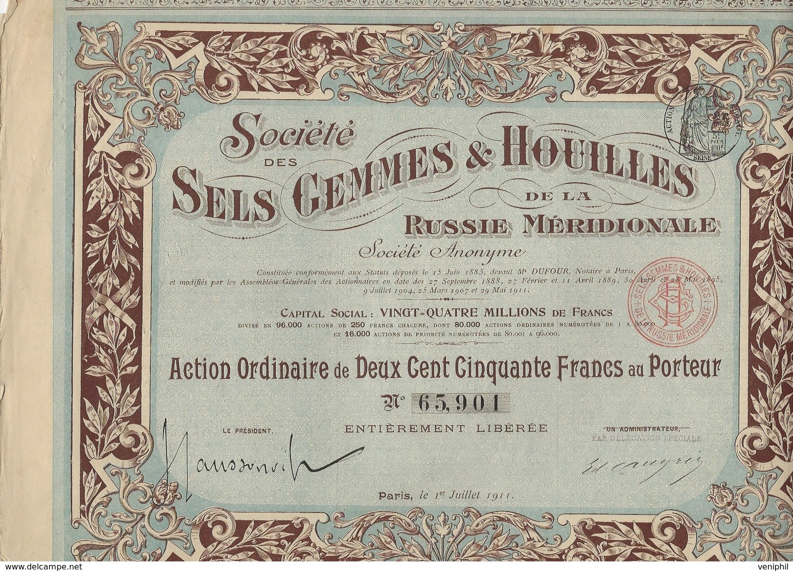 SOCIETE DES SELS GEMMES ET HOUILLES DE LA RUSSIE MERIDIONALE- 2 ACTIONS 250 FRS -ANNEE 1911 - Miniere