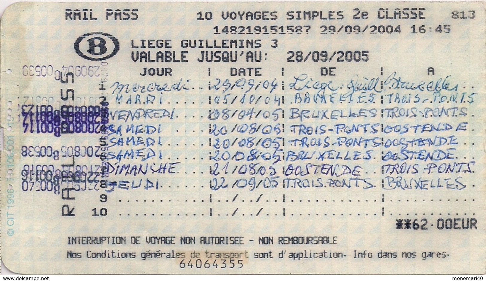 SNCB - RAIL PASS - 10 VOYAGES SIMPLES 2e CLASSE (2005) - Europe