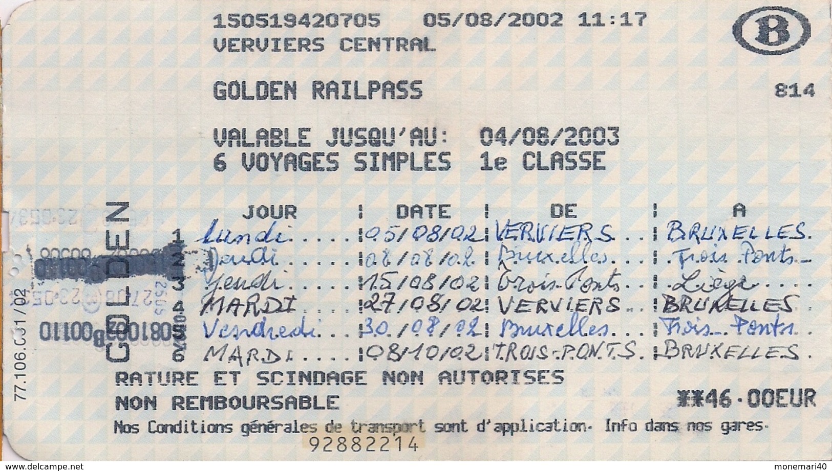 SNCB - GOLDEN RAILPASS- 6 VOYAGES SIMPLES (2003) - Europe