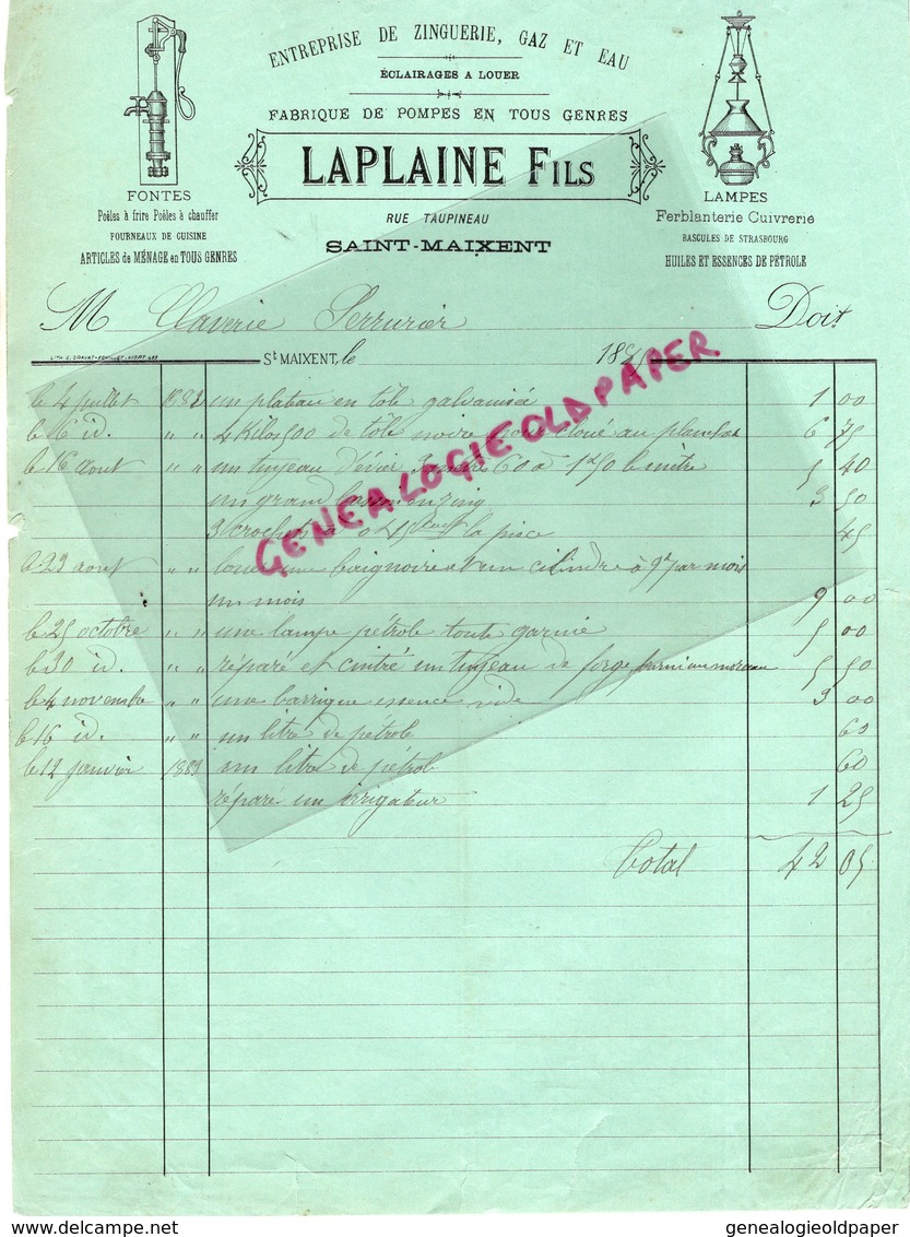 79- SAINT MAIXENT L' ECOLE- RARE FACTURE LAPLAINE FILS- ENTREPRISE ZINGUERIE GAZ EAU-FABRIQUE POMPES-RUE TAUPINEAU -1885 - Petits Métiers