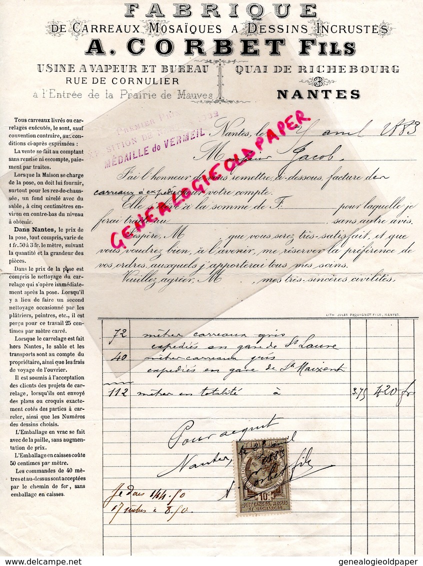 44 - NANTES- RARE LETTRE MANUSCRITE SIGNEE A. CORBET FILS-FABRIQUE CARREAUX MOSAIQUES A DESSINS -RUE CORNULIER-1883 - Petits Métiers