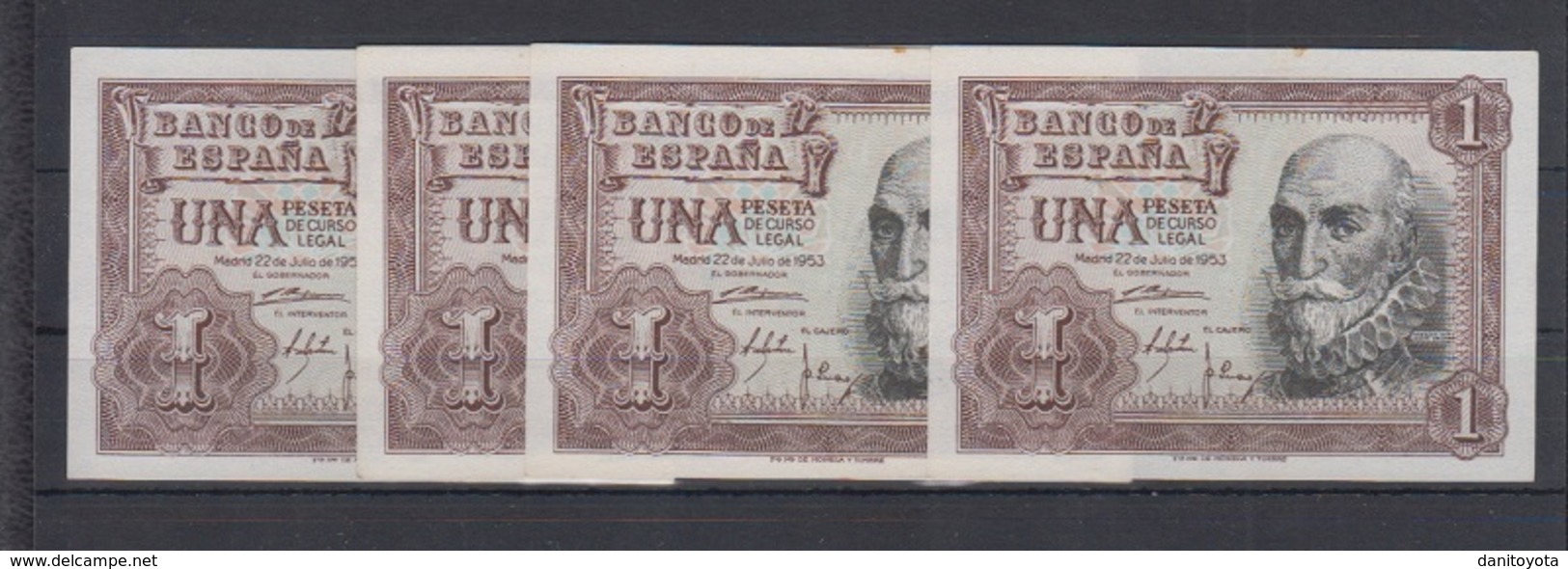 EDIFIL 465. 1 PTA 22 DE JULIO DE 1953.  LOTE DE 4 BILLETES SIN SERIE Y SIN CIRCULAR. - 1-2 Pesetas