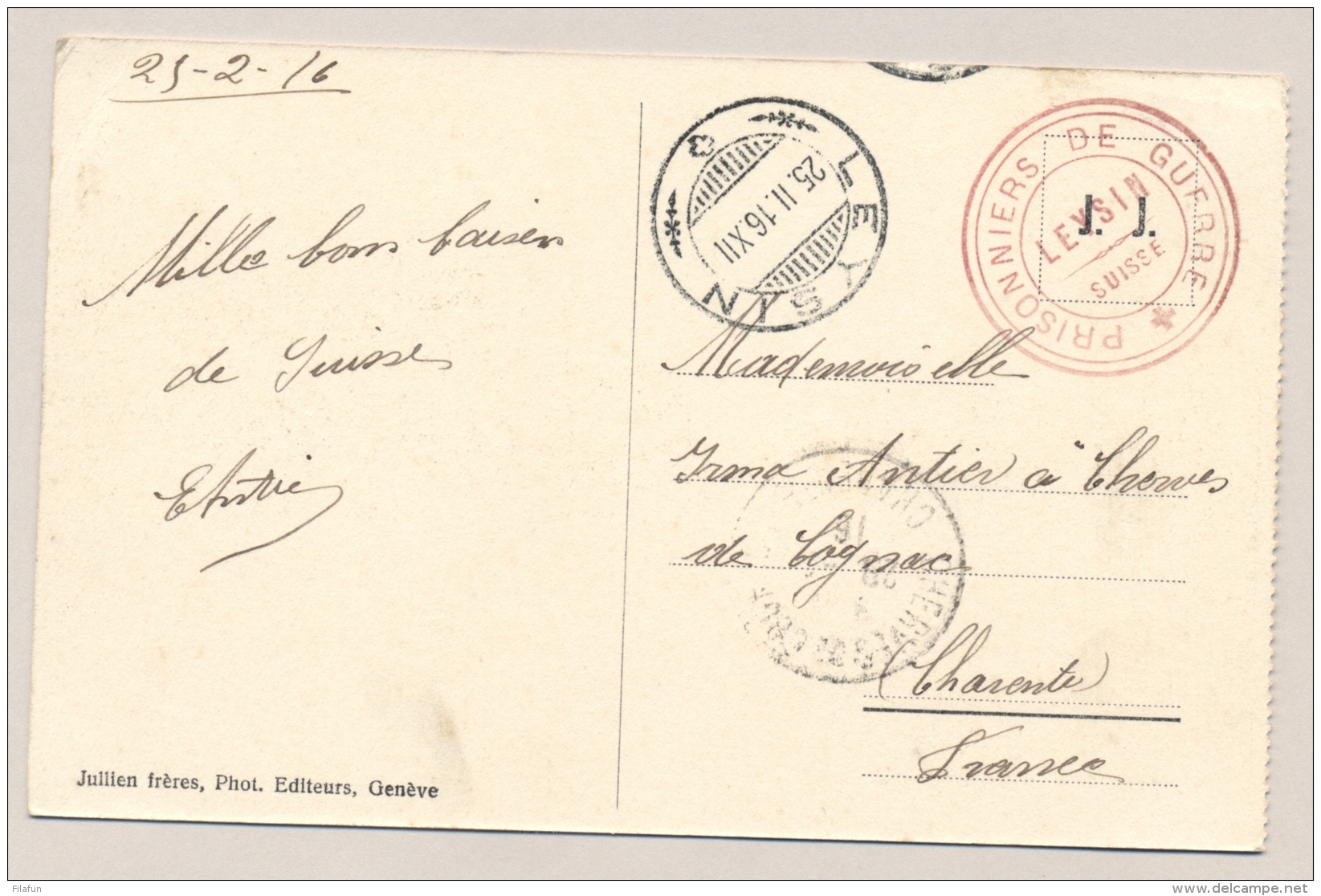 Schweiz - 1916 - POW-postcard From LEYSIN To Cognac / France - Documenten