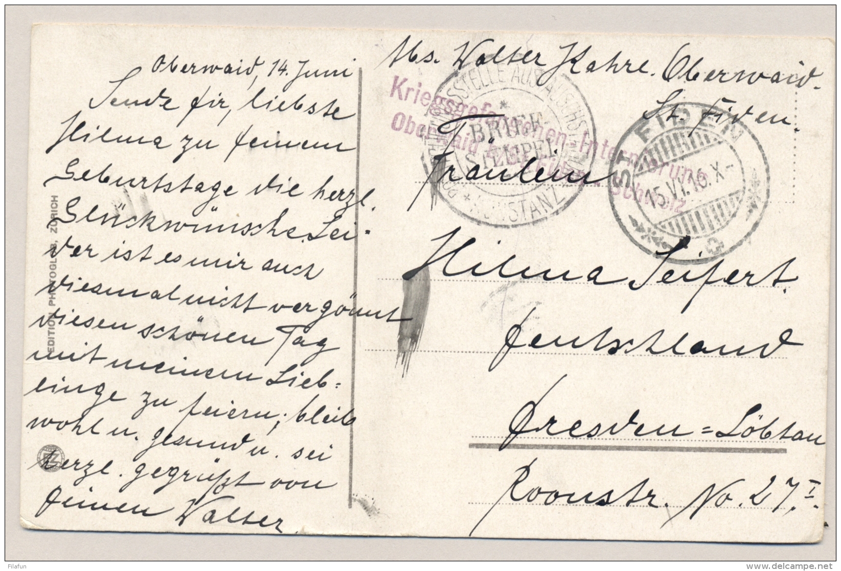 Schweiz - 1916 - Censored POW-postcard From OBERWAID B. St FIDEN To Dresden / Deutschland - Documenten