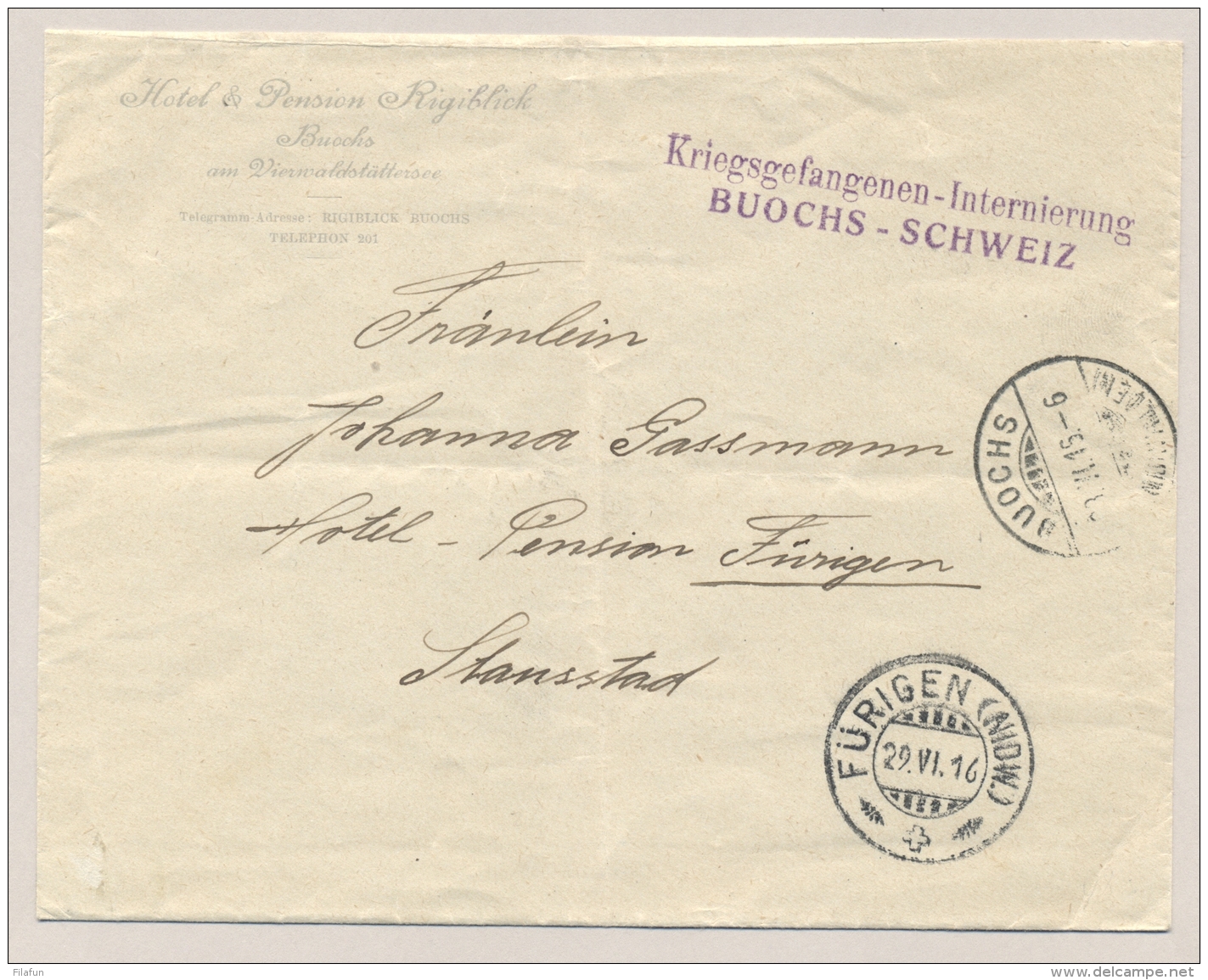 Schweiz - 1916 - POW-cover From BUOCHS To Fürigen And Stansstad - Documenten