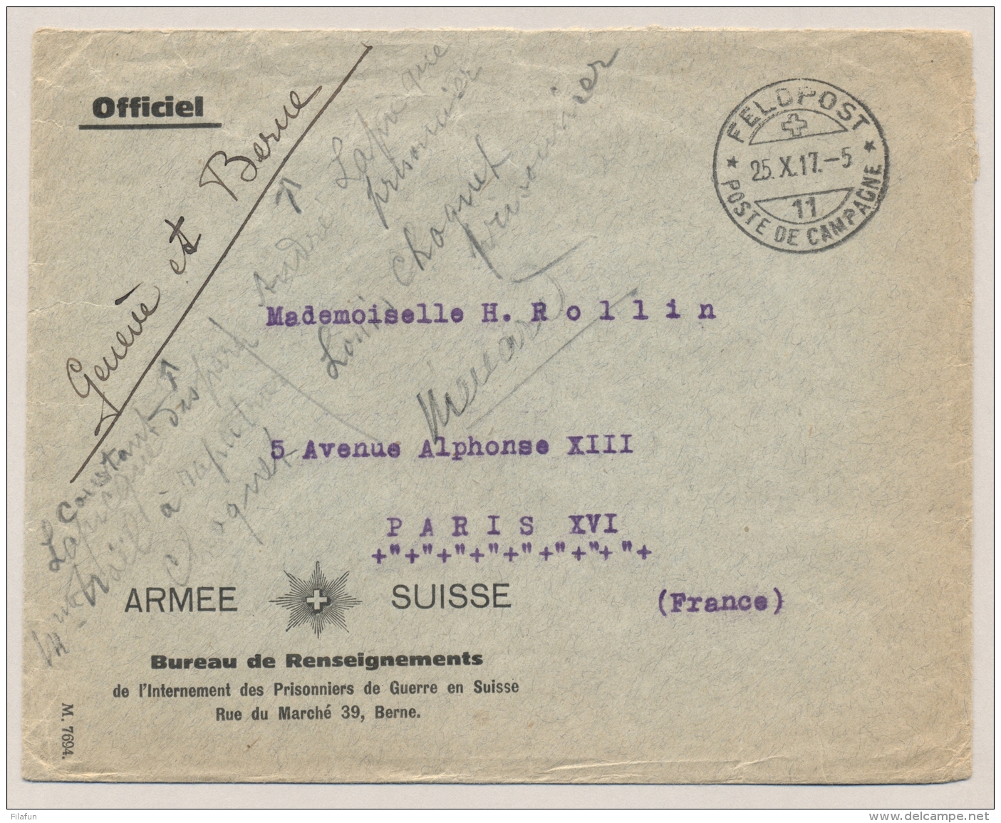 Schweiz - 1917 - Feldpost/11 Armee-cover To Paris / France - Documenten