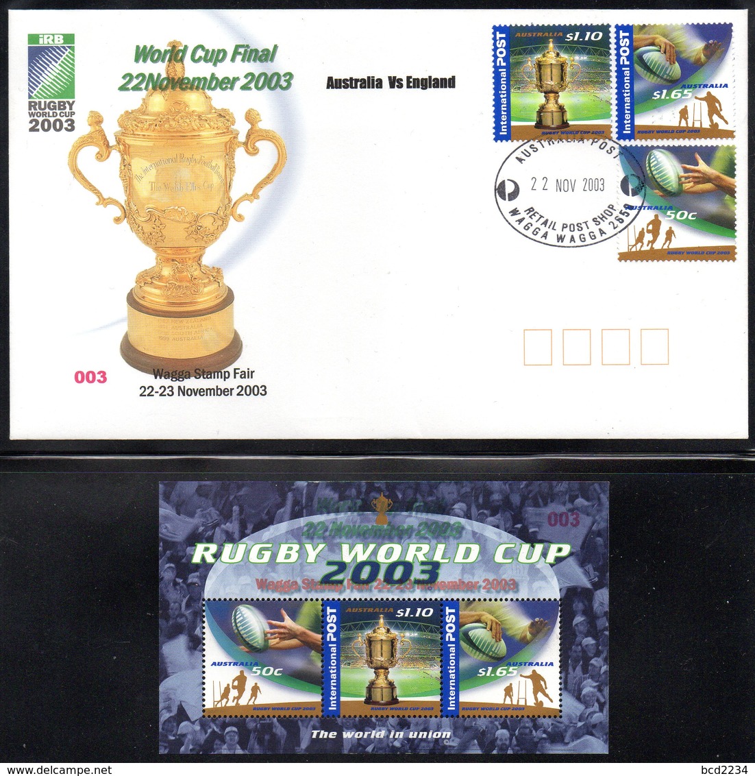 AUSTRALIA 2003 VERY SCARCE WAGGA STAMP FAIR OVERPRINT NUMBER 003 IN RED ON MS & COVER 1ST DAY OF FAIR RUGBY WORLD CUP - Errors, Freaks & Oddities (EFO)