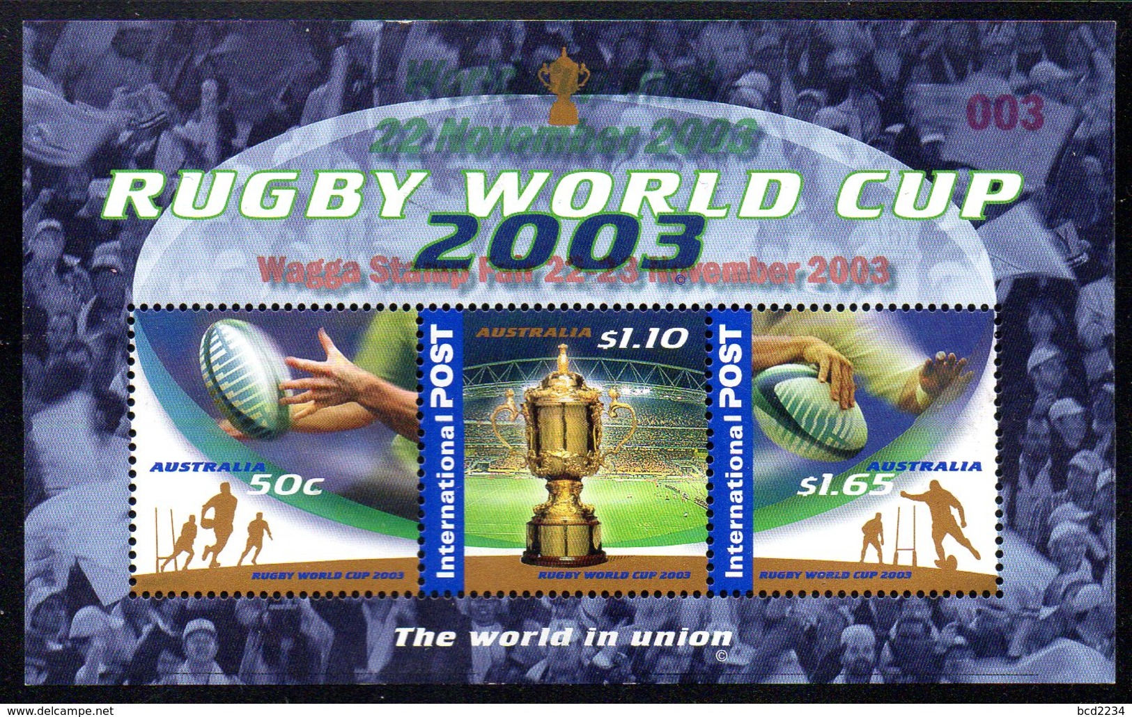 AUSTRALIA 2003 VERY SCARCE WAGGA STAMP FAIR OVERPRINT NUMBER 003 IN RED ON MS & COVER 1ST DAY OF FAIR RUGBY WORLD CUP - Errors, Freaks & Oddities (EFO)