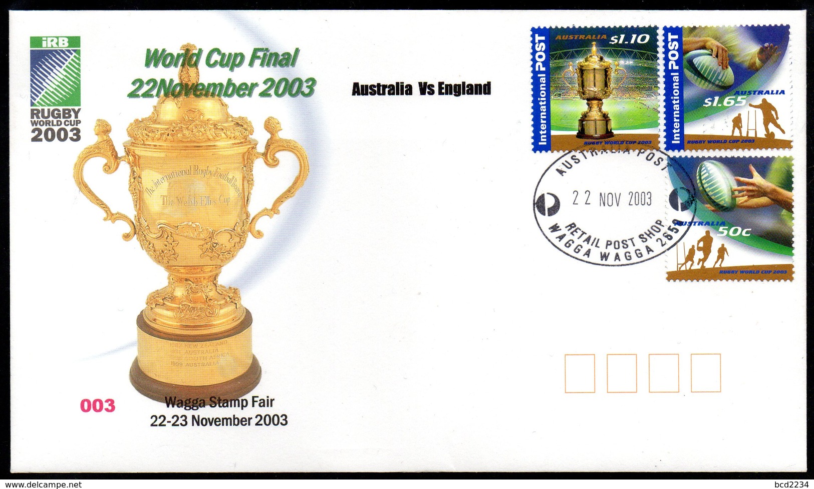 AUSTRALIA 2003 VERY SCARCE WAGGA STAMP FAIR OVERPRINT NUMBER 003 IN RED ON MS & COVER 1ST DAY OF FAIR RUGBY WORLD CUP - Variétés Et Curiosités