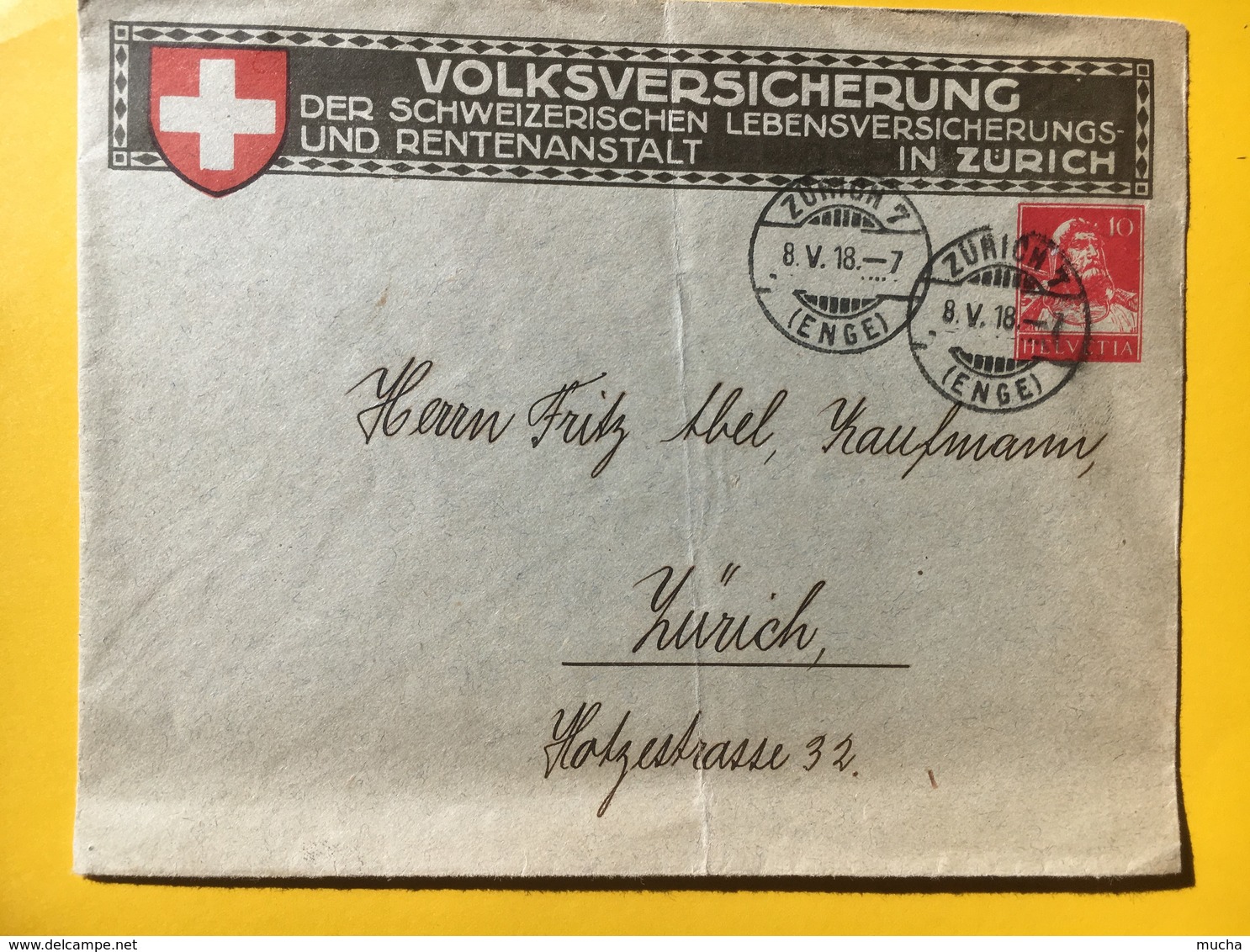 8003 - Entier Privé Volksversicherung Zürich 7 08.05.1918 - Entiers Postaux