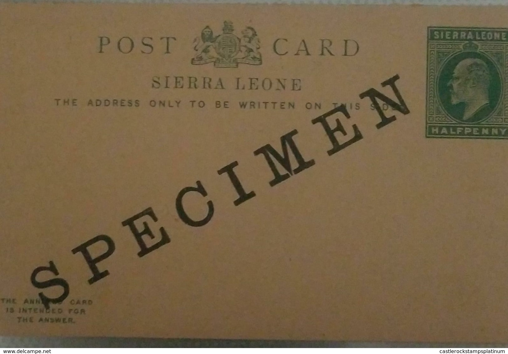 O) 1920 APROX. SIERRA LEONE, SPECIMEN POSTAL STATIONERY  KING EDWARD VII  - 1/2C- HALF PENNY GREEN, - Sierra Leone (1961-...)