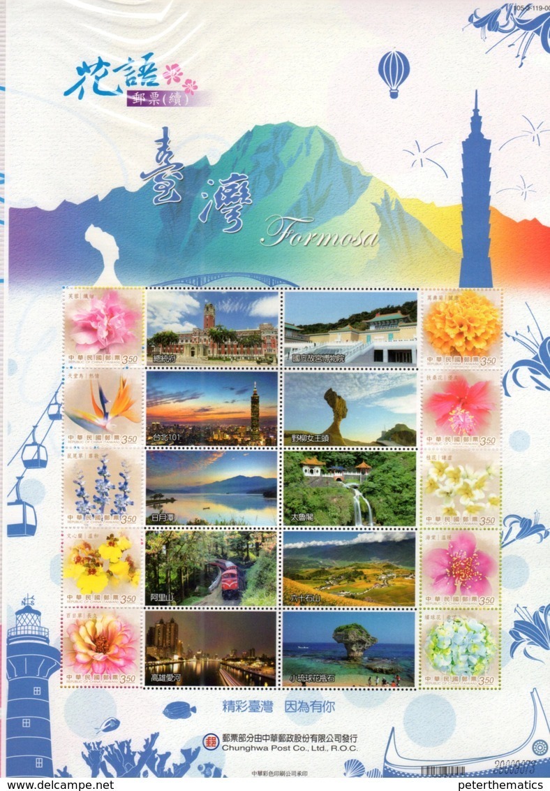 TAIWAN, MNH, PERSONALIZED STAMPS, FLOWERS, TRAINS, WATERFALLS, MOUNTAINS, TOWERS, ROCK FORMATIONS, GEOLOGY, SHEETLET - Other & Unclassified