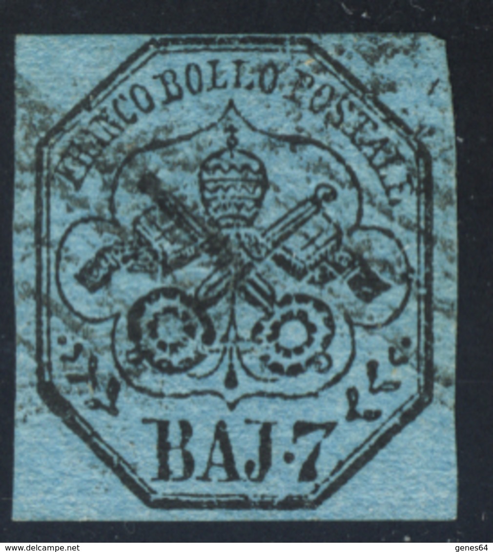 1852 - 7 Baj Azzurro Annullato - Immagine Anche Del Verso - Etats Pontificaux