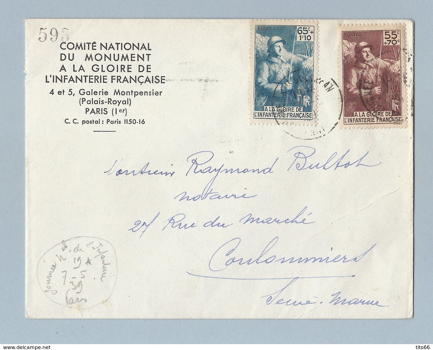 N°386/387 Journée De L Infanterie Sur Enveloppe Avec Sa Carte De Paris Vers Coulommiers 7/5/39 - 1921-1960: Période Moderne