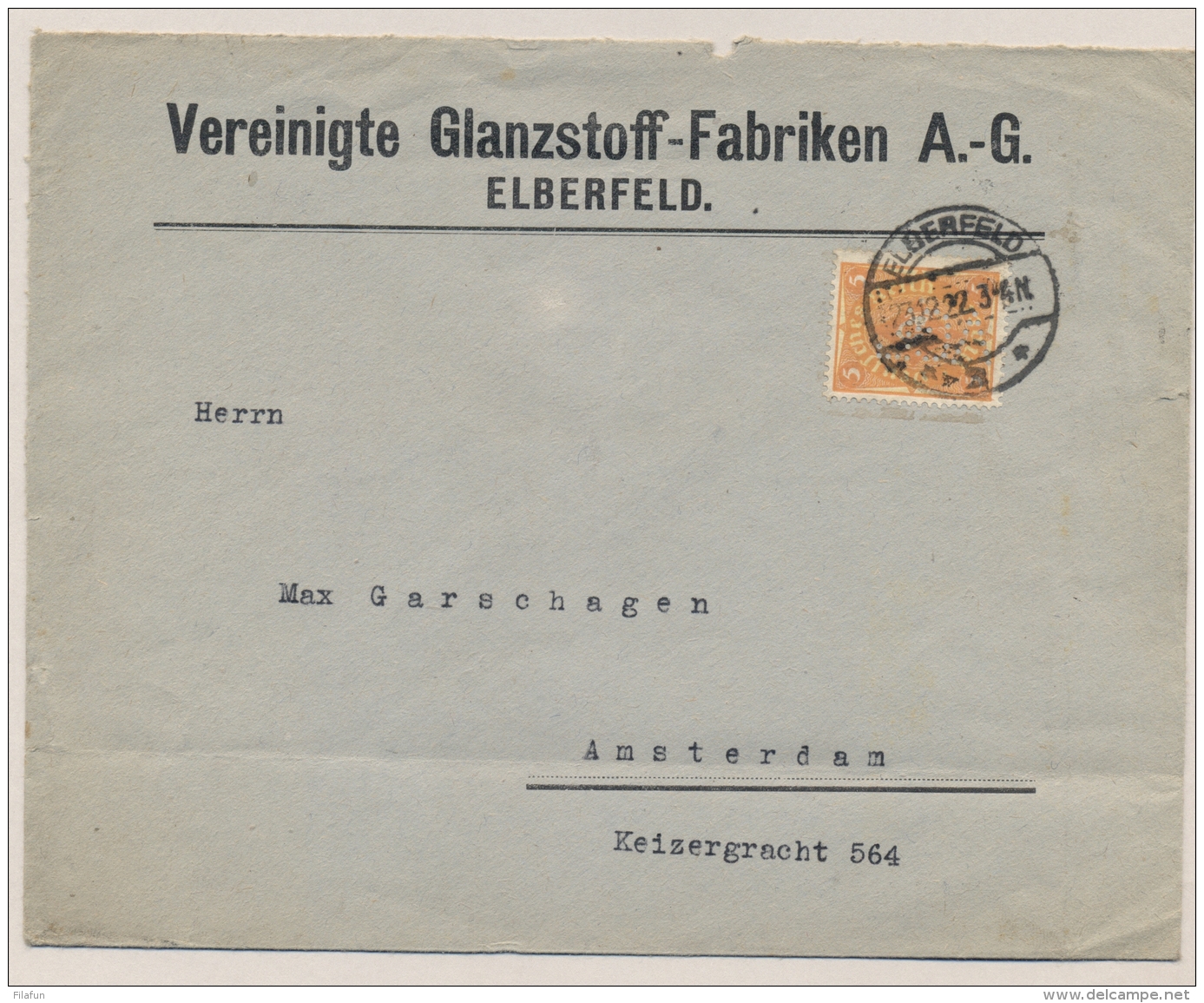 Deutsches Reich - 1922 - 5 M (perfin) + 15x 2 M On Commercial Cover From Elberfeld To Amsterdam / Nederland - Brieven En Documenten