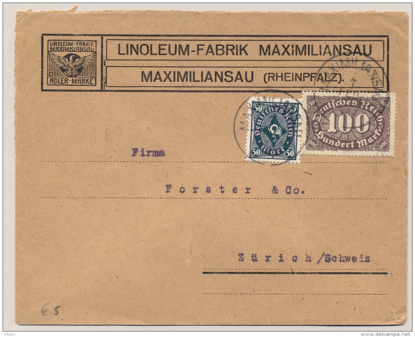 Deutsches Reich - 1923 - 100 M + 50M On Commercial Cover From Maximiliansau To Zürich / Schweiz - Brieven En Documenten