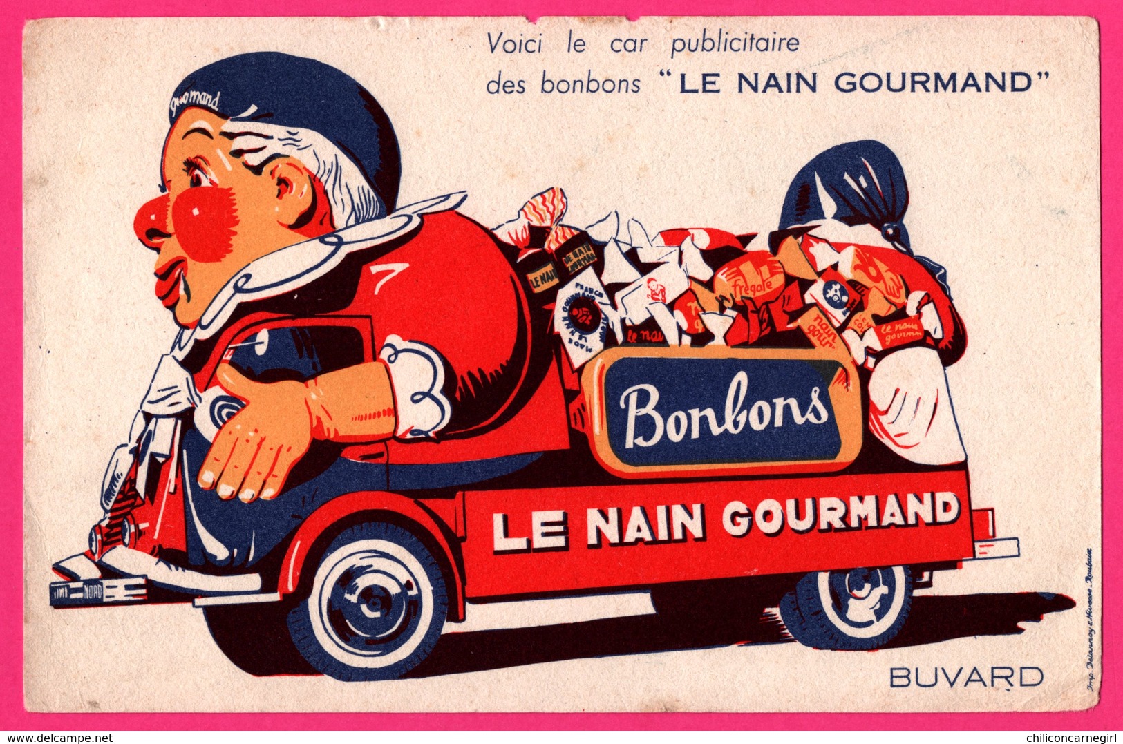 BUVARD - Le Nain Gourmand - Bonbon - Car - Camion Publicitaire - Clown - DELANNOY & NEVESSE - Automobile