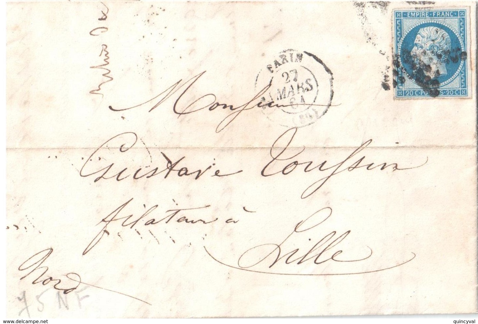 3654 20 C Empire Bleu Yv 14 B Type 2 Sur Lettre Piquage Ou Percé En Ligne Ob 27 Mars 64 - 1853-1860 Napoléon III.