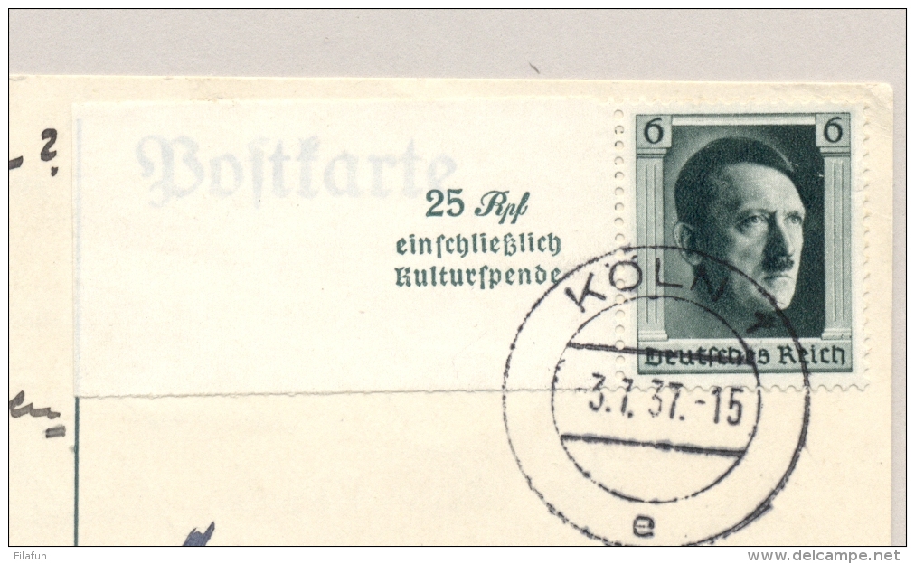 Deutsches Reich - 1937 - 6 Pf Hitler From Block Kulturspende On Postcar From Köln To Frankfurt - Briefe U. Dokumente