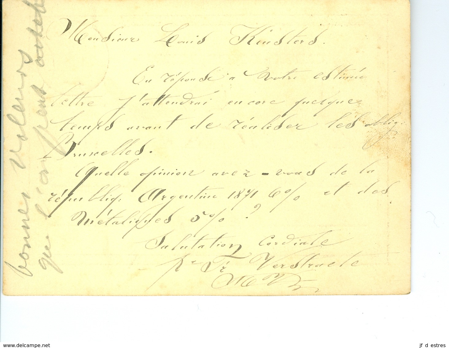 Carte Correspondance AS CàD Gand & Anvers 1874  Entier Postal Postwaardestuk Gent Verstraete à Louis Keusters Anvers - Postkarten 1871-1909