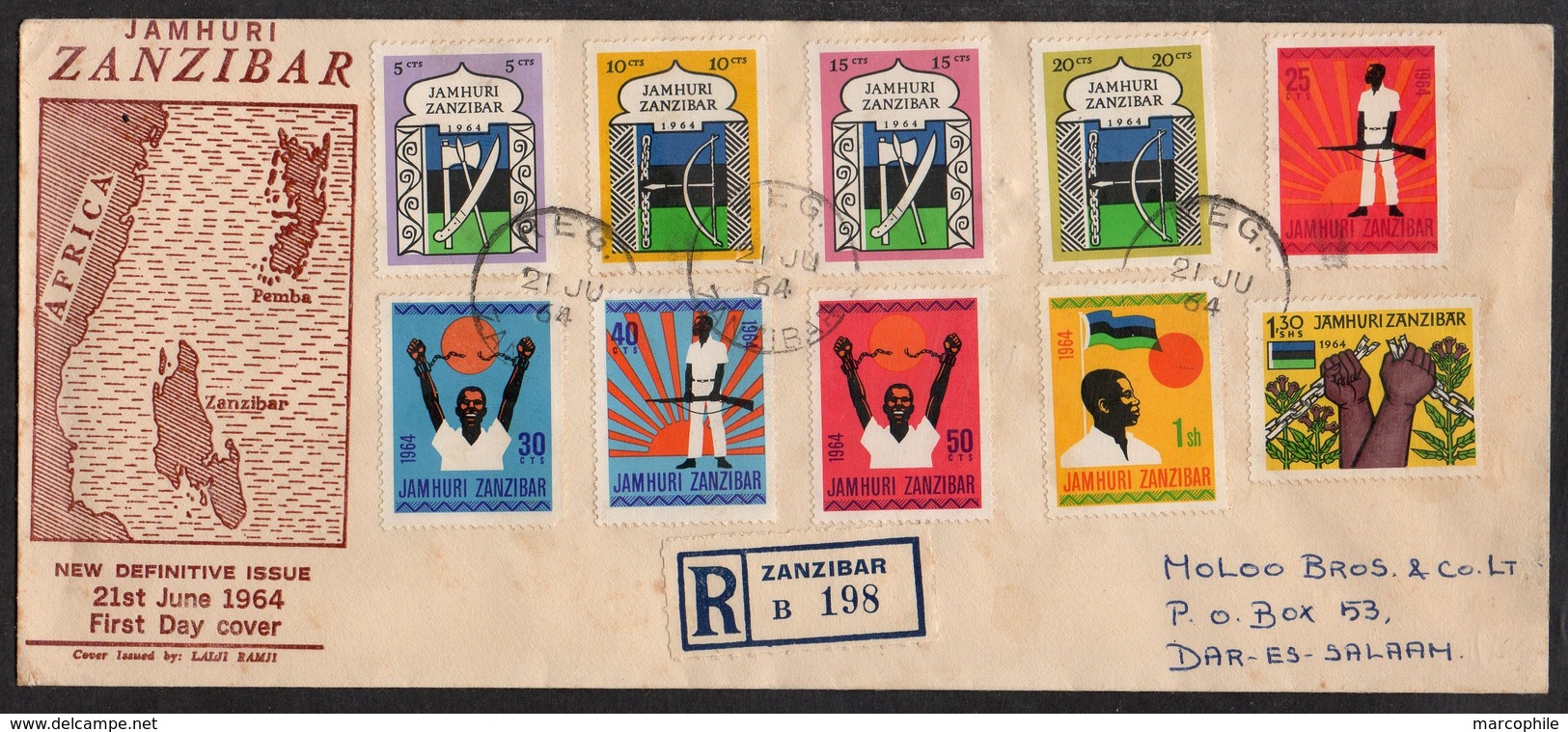 ZANZIBAR / 21-6-1964 ENVELOPPE FDC RECOMMANDEE POUR DAR ES SALAAM (ref 2631) - Zanzibar (1963-1968)
