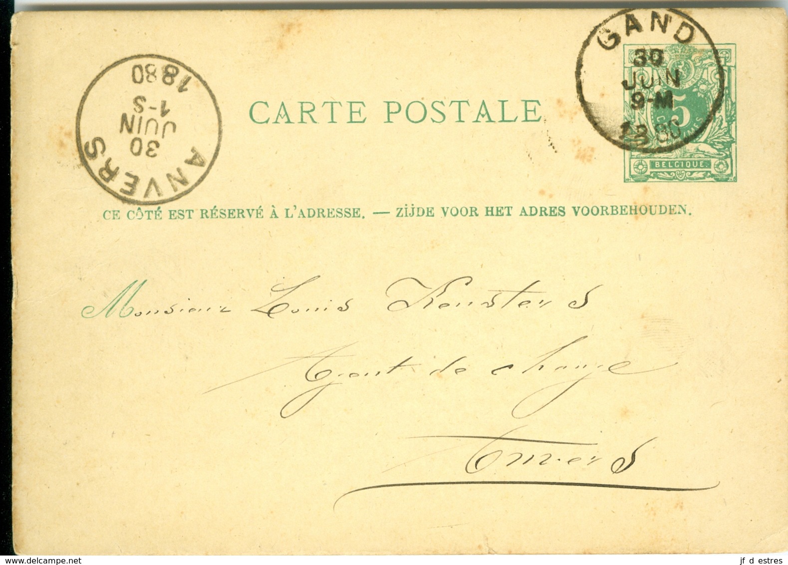 Carte Correspondance AS CàD Gand & Anvers1880  Entier Postal Postwaardestuk Gent Verstraete à L Keusters Anvers - Postkarten 1871-1909