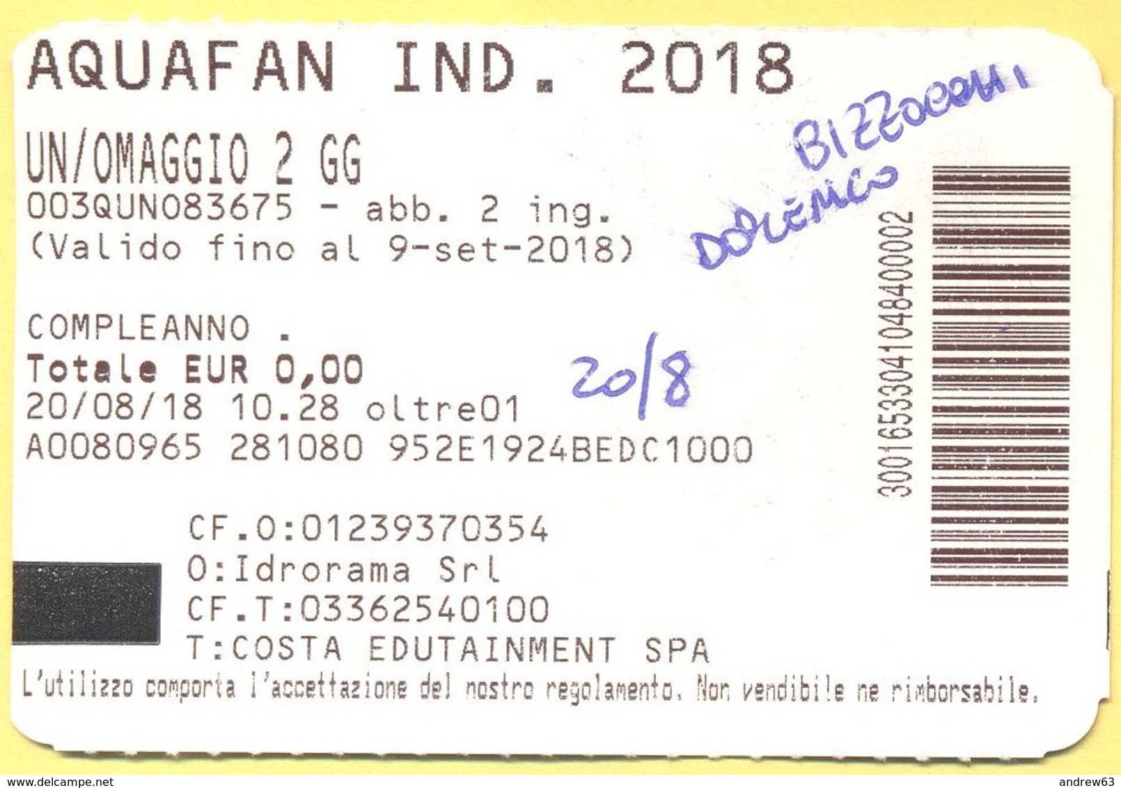 ITALIA - ITALY - ITALIE - ACQUAFAN - Riccione - IND. 2018 - Intero - Spettacolo Dei Delfini - Usato - Biglietti D'ingresso