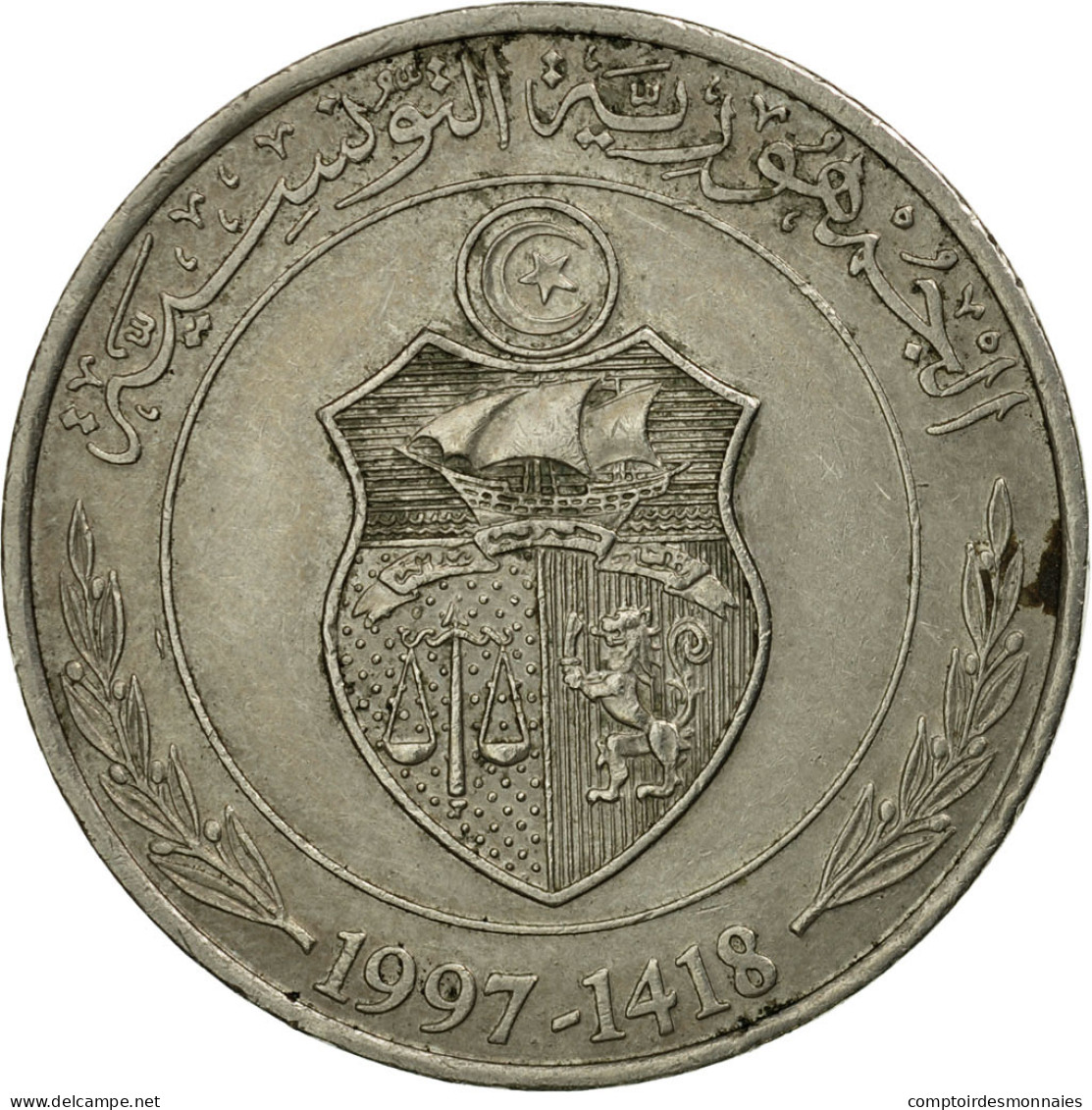 Monnaie, Tunisie, Dinar, 1997/AH1418, Paris, TB+, Copper-nickel, KM:347 - Túnez